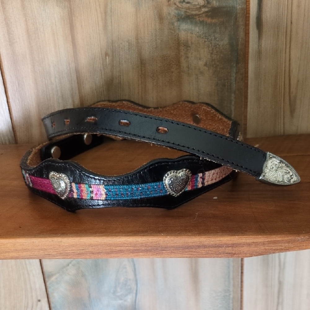Vintage Black Leather and Multicolor Women's Belt with Heart Accents